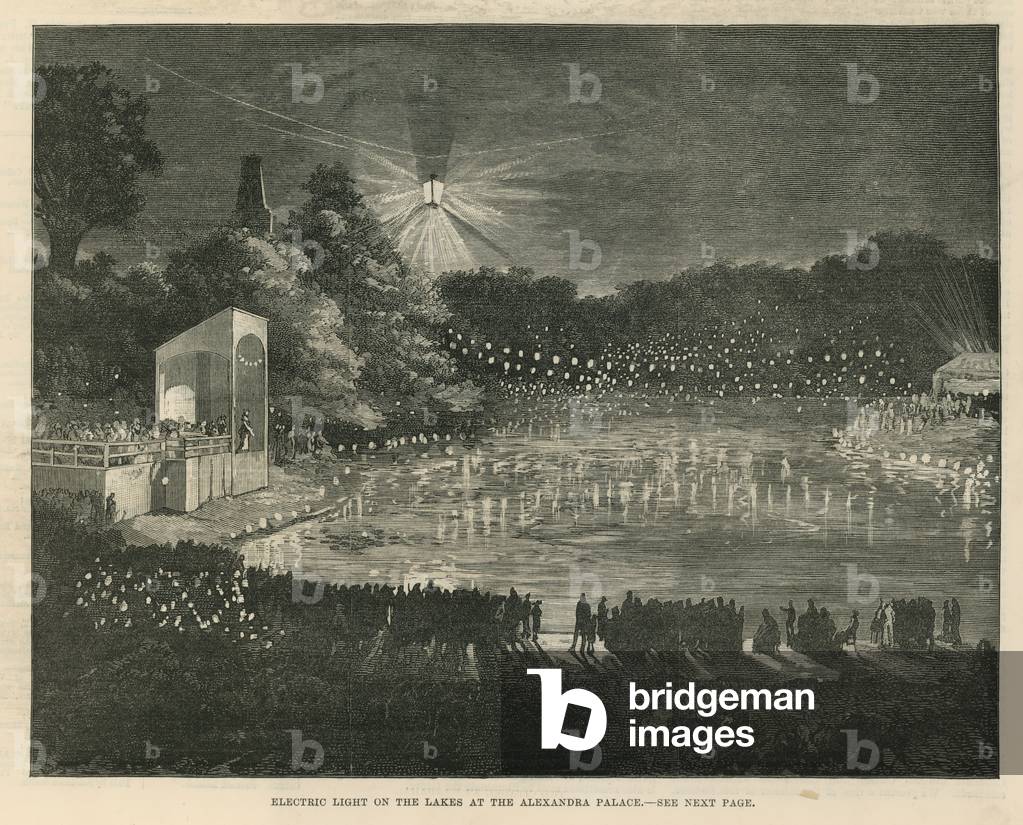 Electric light on the lakes at the Alexandra Palace (engraving)