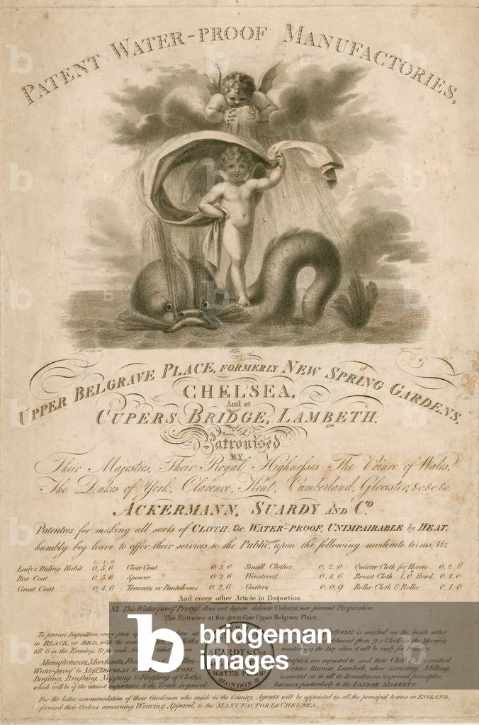 Advertisement for Ackermann, Stardy & Co., Patent Water-Proof Manufactories (engraving)