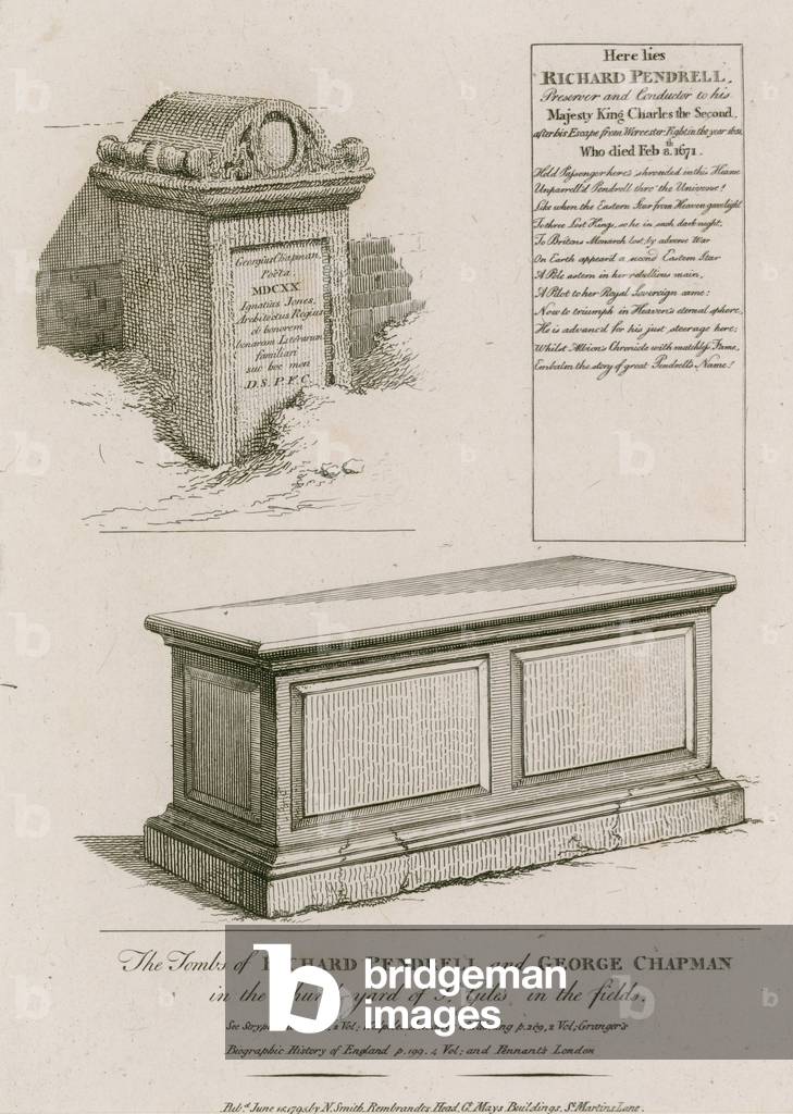 The tombs of Richard Pendrell and George Chapman in the churchyard of St Giles in the Fields, London (engraving)