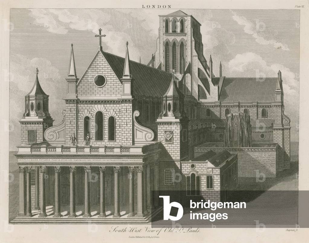 South west view of Old St Paul's (engraving)