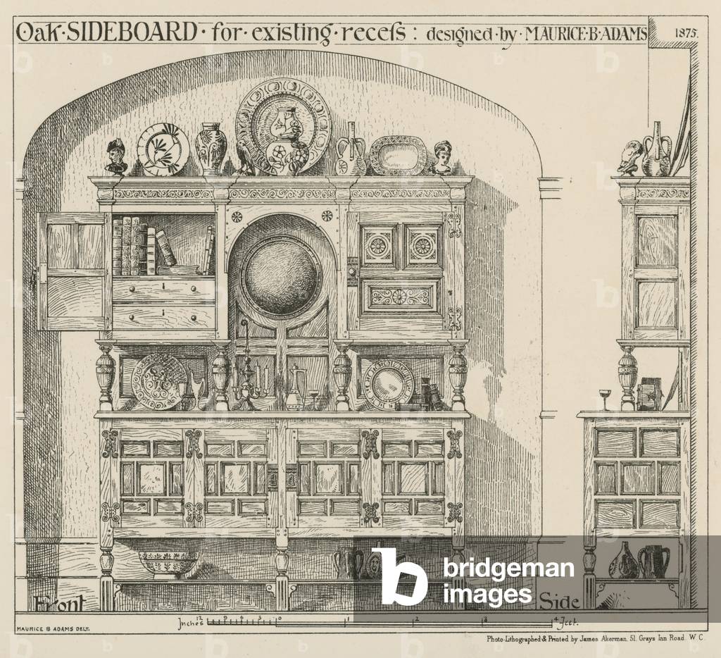 Oak sideboard for existing recess (engraving)