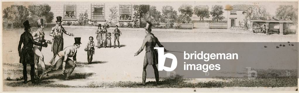 Bowls being played during the Regency at an unidentified pleasure garden (engraving)