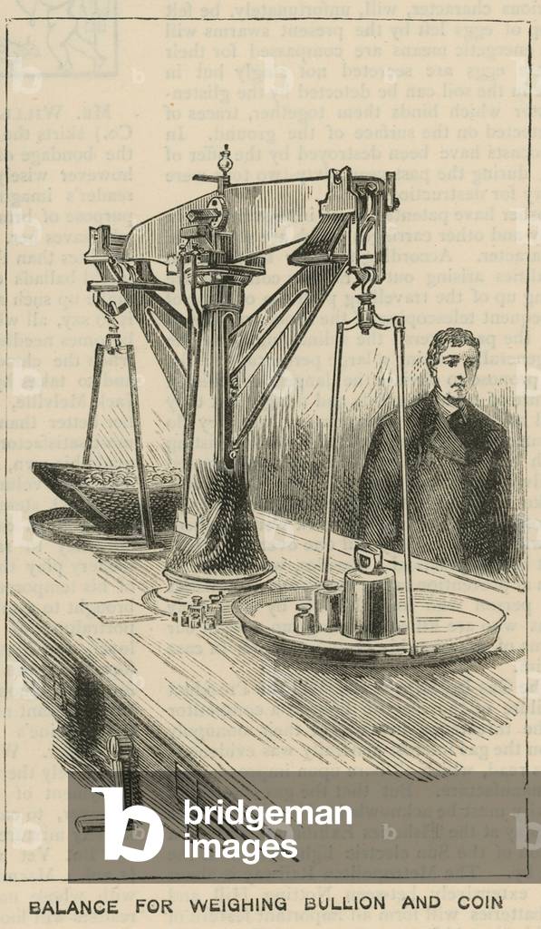 Sketches at the Royal Mint, Tower Hill; balance for weighing bullion and coin (engraving)