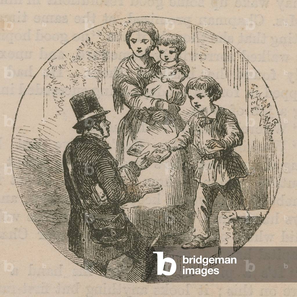 Illustration depicting a postman delivering mail (engraving)