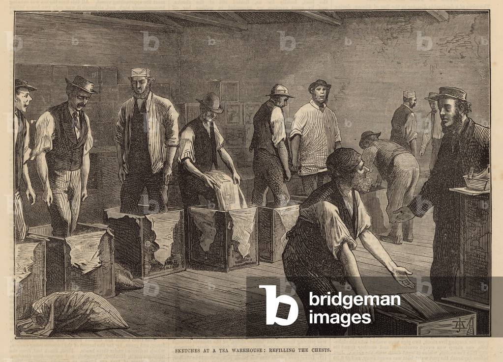 Sketches at a tea warehouse: refilling the chests (engraving)