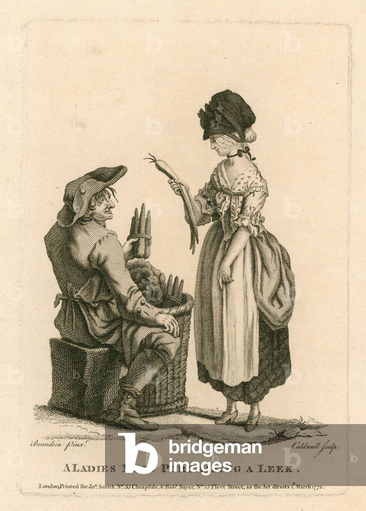 A ladies maid purchasing a leek (engraving)