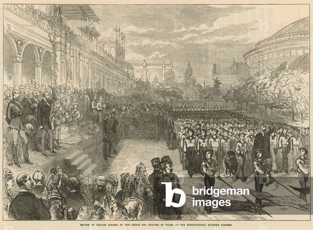Review of Drilled Schools by the Prince and Princess of Wales at the Horticultural Society's Gardens (engraving)