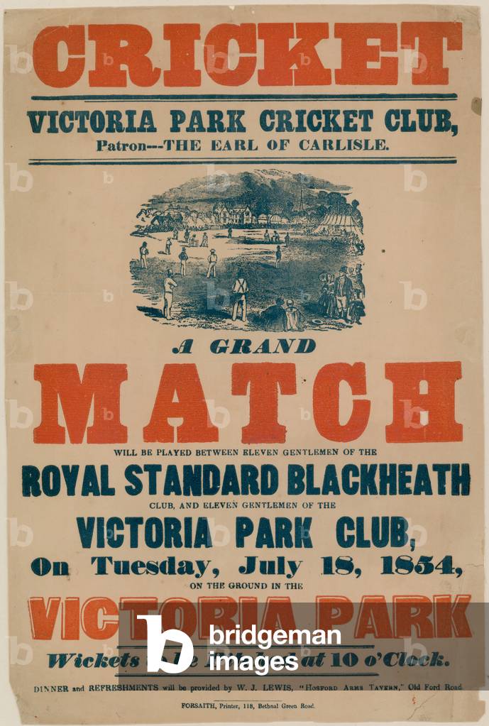 Poster advertising a cricket match at Victoria Park Cricket Club on 18 July 1854 (engraving)
