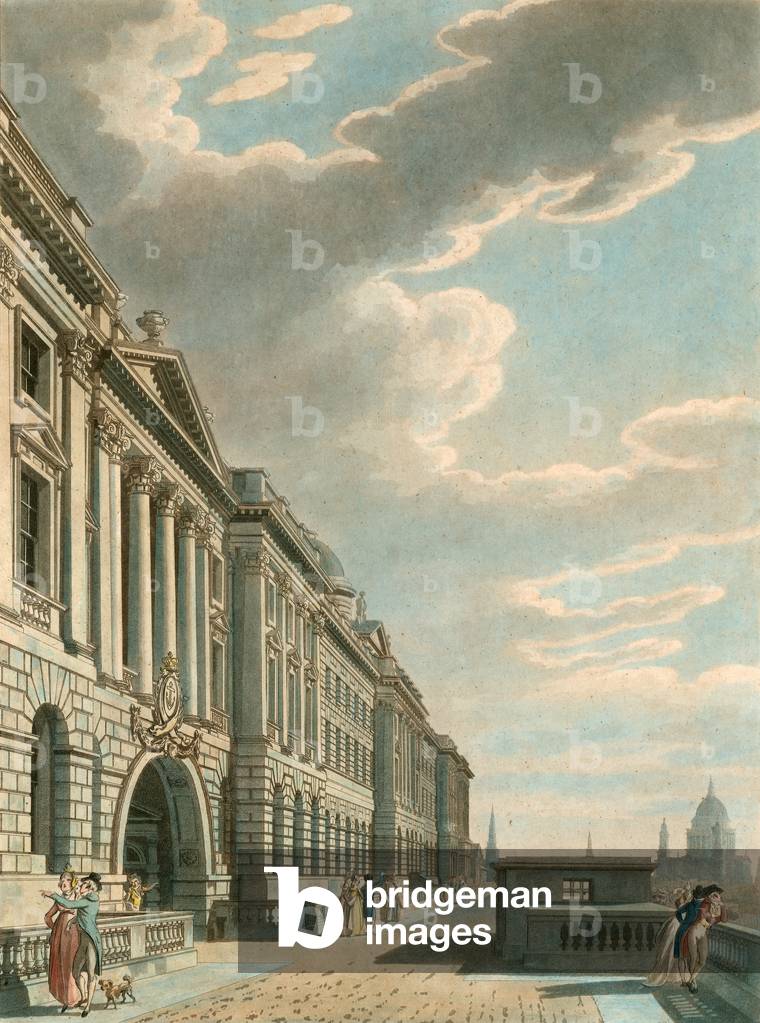 Somerset Terrace along the River Thames, Somerset House, The Strand, London (coloured engraving)