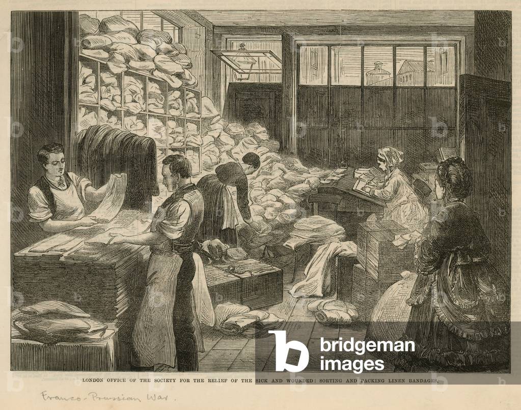 London office of the Society for the relief of the sick and wounded (engraving)