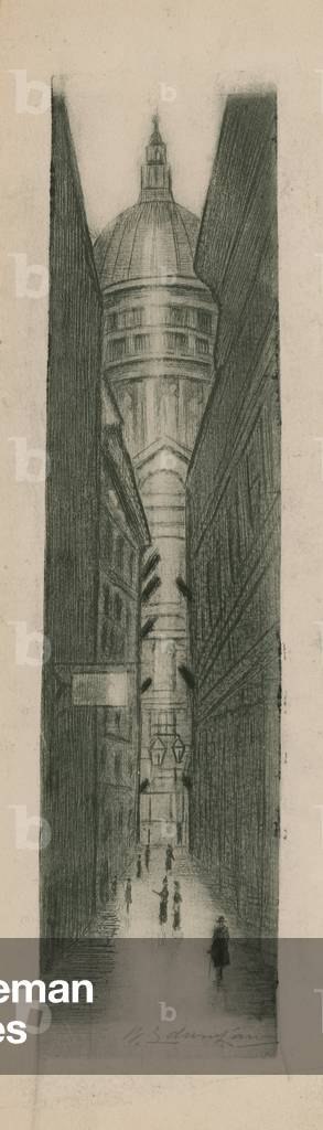 View down a narrow street toward St Paul's Cathedral (engraving)