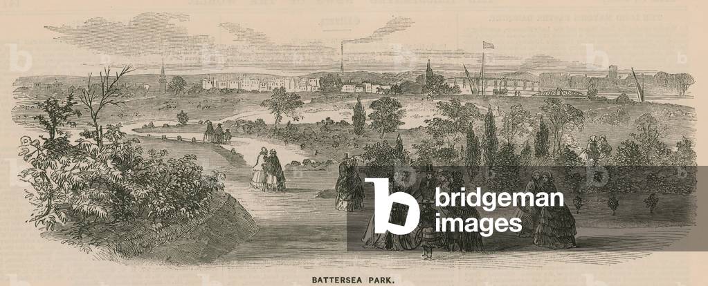 General view of people walking in Battersea Park (engraving)