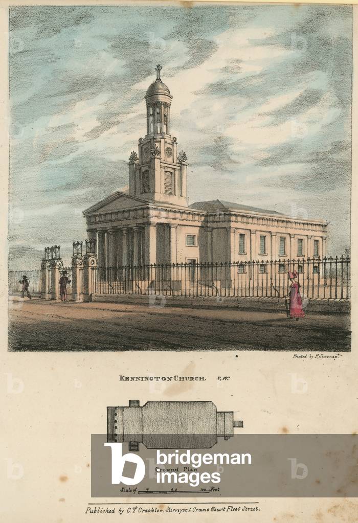Kennington Church, Lambeth, London (coloured engraving)
