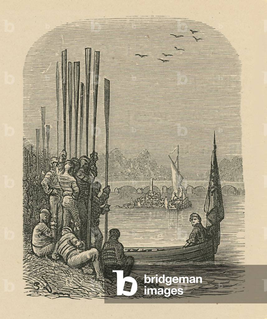Rowers relaxing on the riverbank (engraving)