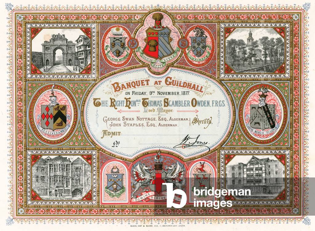 Invitation to a banquet at the Guildhall, London, on 9 November 1877 (chromolitho)