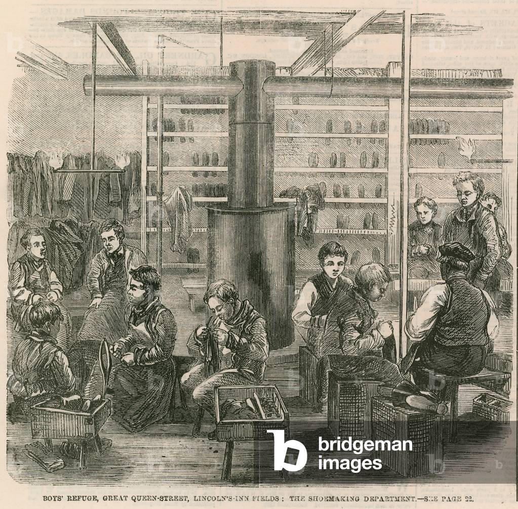 Boys' refuge, Great Queen Street, Lincoln's Inn Fields, London - the shoemaking deparment (engraving)