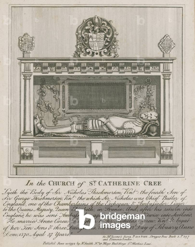 In the Church of St Catherine Cree, lyeth the body of Sir Nicholas Throkmorton (engraving)