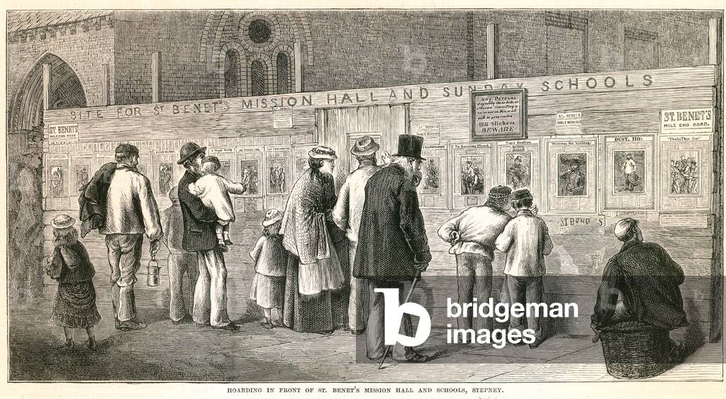 Hoarding in front of St Benet's Mission Hall and Schools, Stepney (engraving)