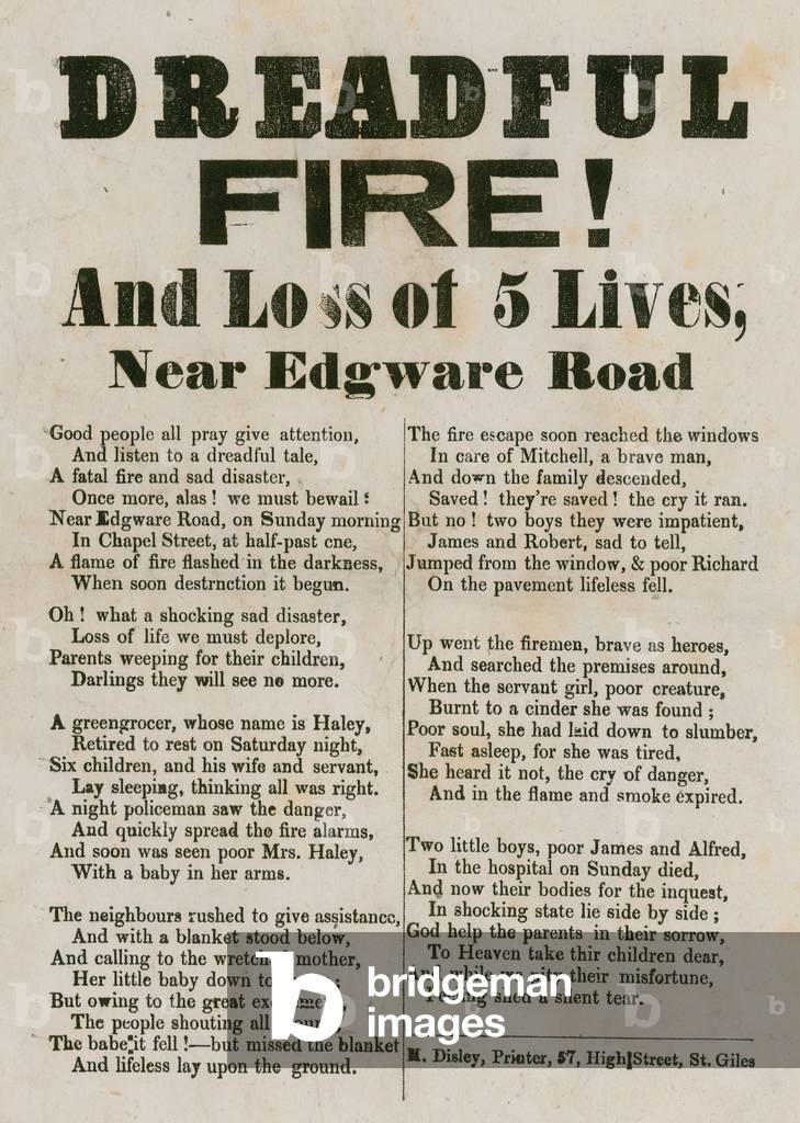 Leaflet with verse relating to a fire near Edgware Road, London (engraving)