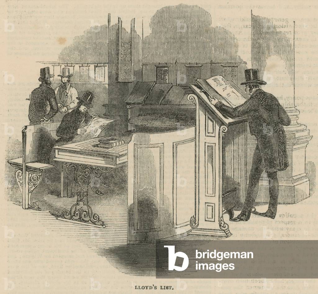 A visit to Lloyds - the insurance of ships: Lloyds List (engraving)