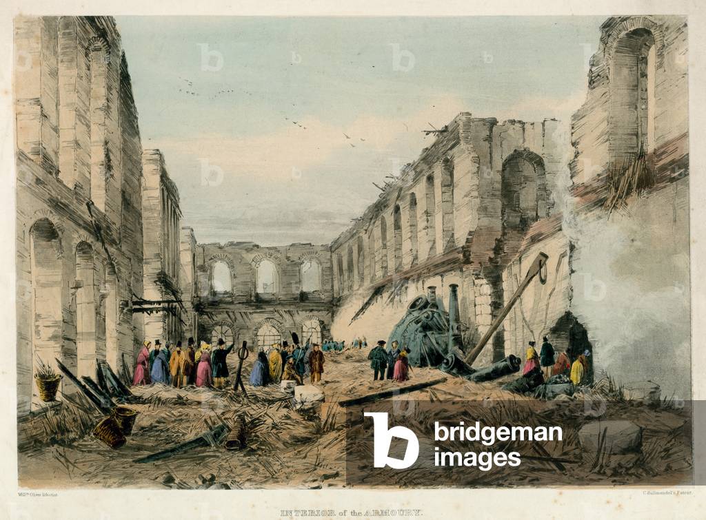 Interior of Armoury, Tower of London Fire, 1841 (coloured engraving)