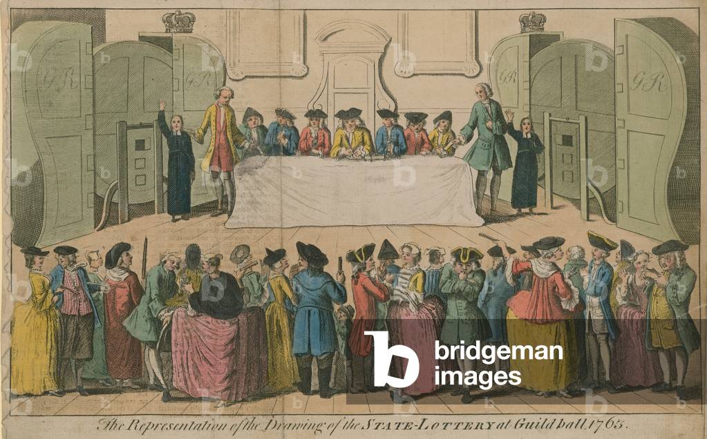 The representation of the drawing of the State Lottery at Guildhall, 1763 (coloured engraving)