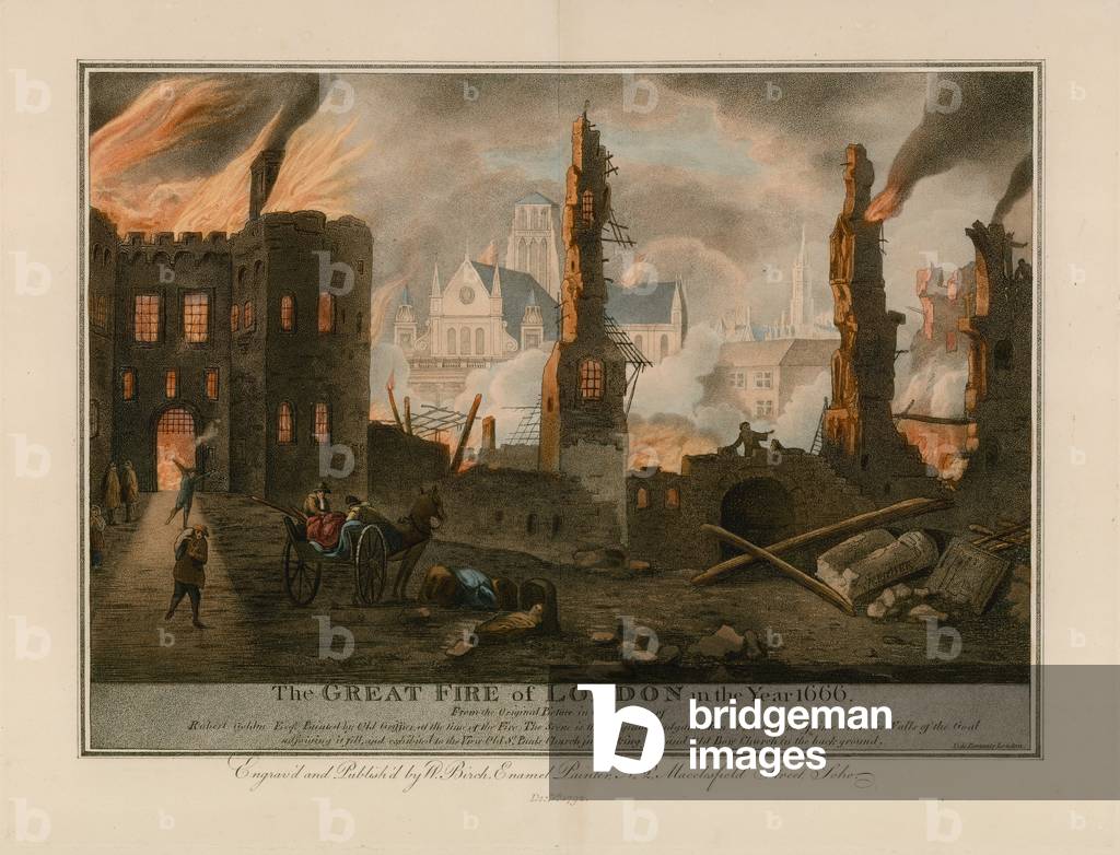The Great Fire of London in 1666 (coloured engraving)