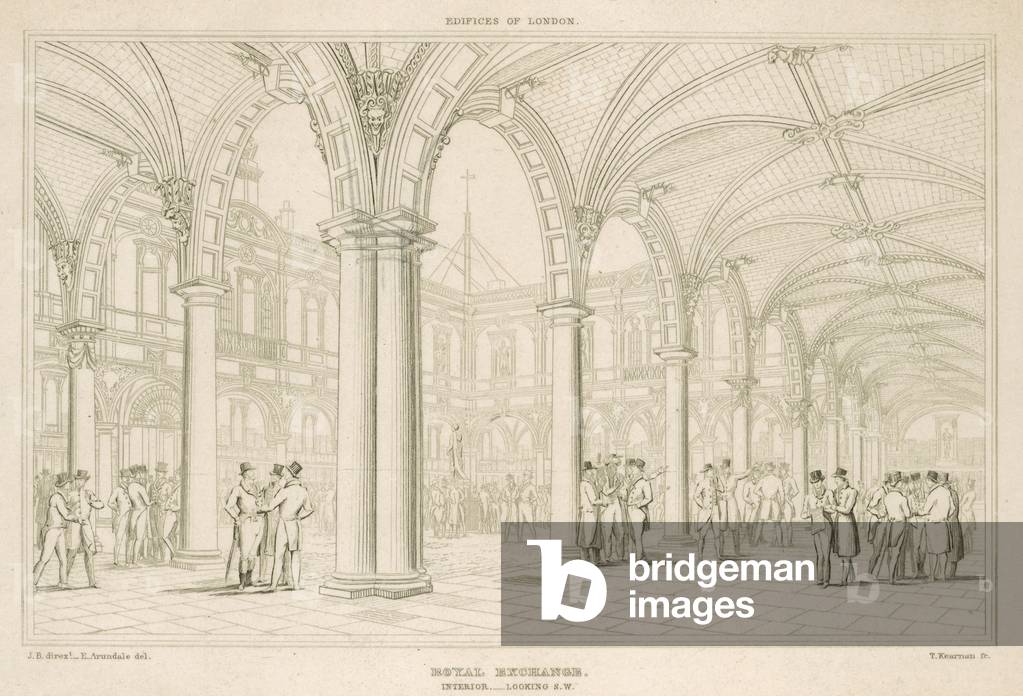Interior of the Royal Exchange, London, looking south west (engraving)