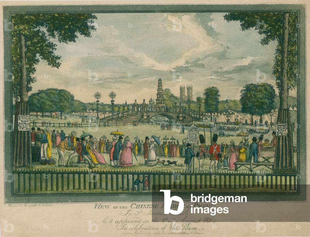 View of the Chinese Bridge and Pagoda in St James's Park, London, as it appeared on 1 August 1814 (coloured engraving)