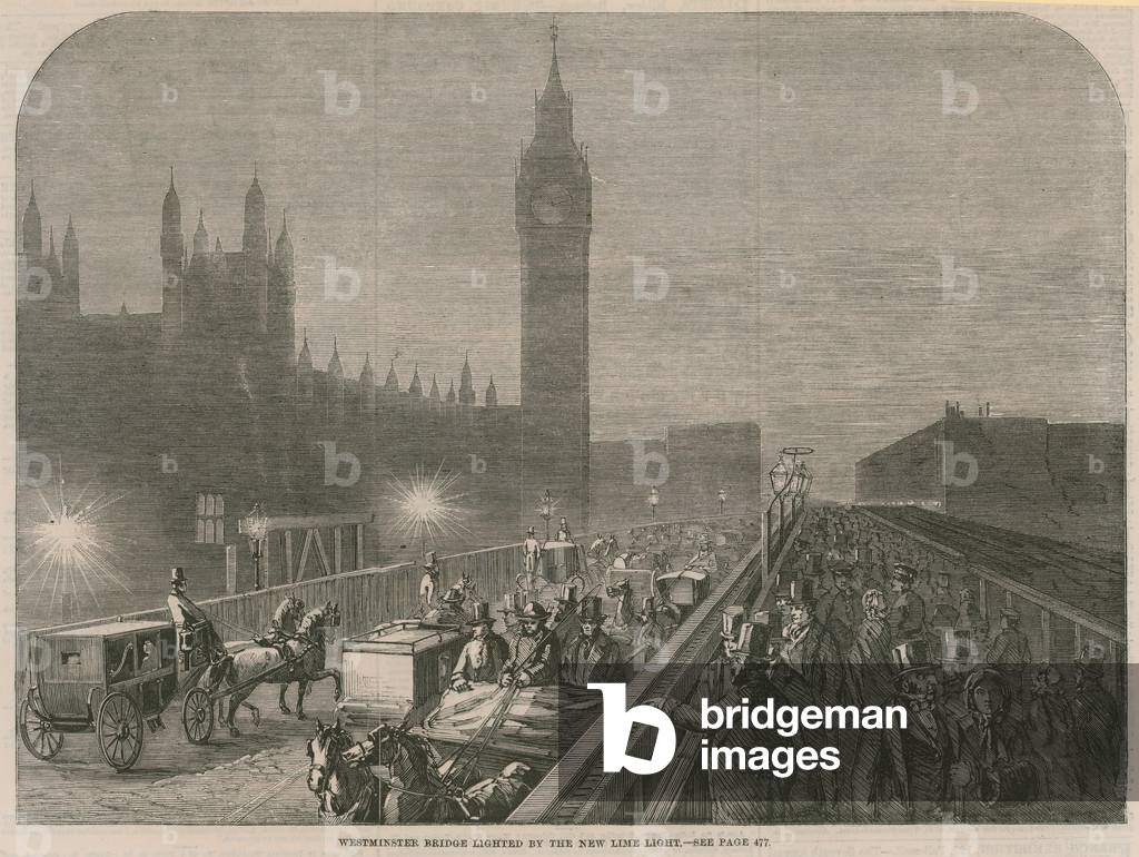 Westminster Bridge lighted by the new lime light (engraving)