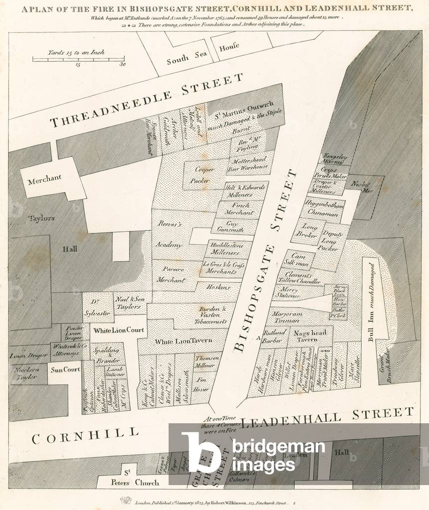 Plan of the fire in Bishopsgate Street, Cornhill and Leadenhall Street, London, which began on 7 November 1765 (engraving)