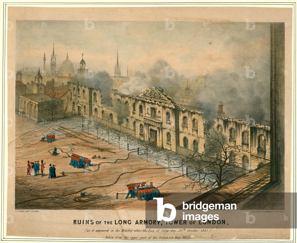 Ruins of Long Armory, Tower of London Fire, 1841 (coloured engraving)