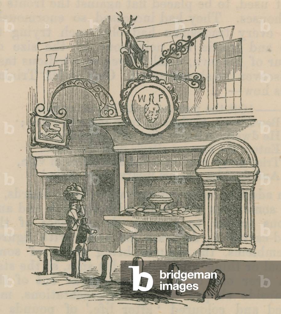 Illustration depicting the front of a shop (engraving)