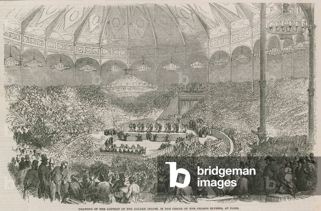 Drawing of the lottery of the Golden Ingote in the Circus of the Champs Elysees, Paris, France (engraving)