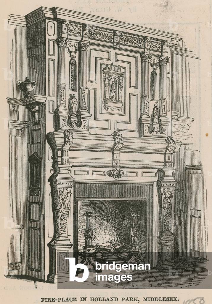 Fire place in Holland Park, London (engraving)