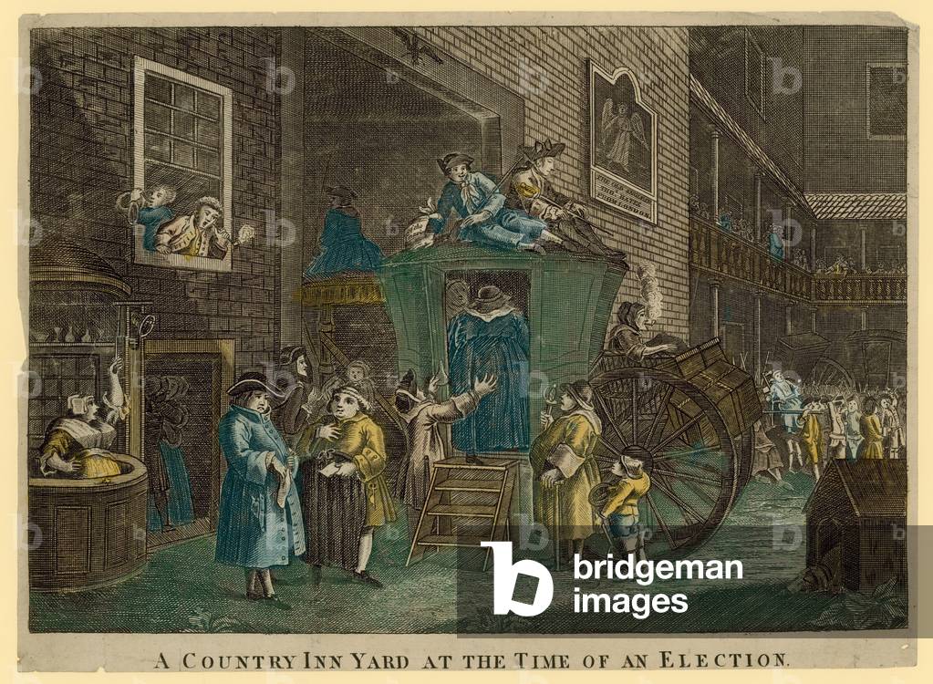 A Country Inn Yard at the Time of an Election (coloured engraving)