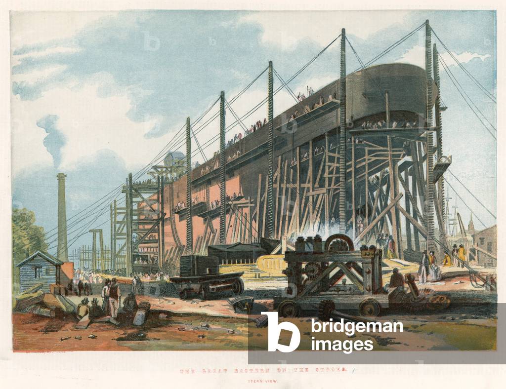 The Great Eastern on the stocks, stern view (coloured engraving)