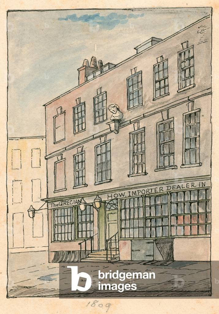 The Grecian Coffee House, Devereux Court, Strand, featuring a bust of Ben Johnson (coloured engraving)