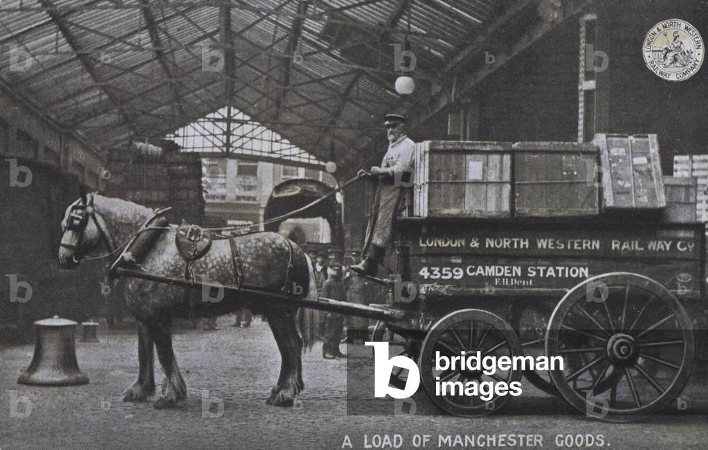 Goods from a London & North Western Railways train at Camden Station, London (b/w photo)