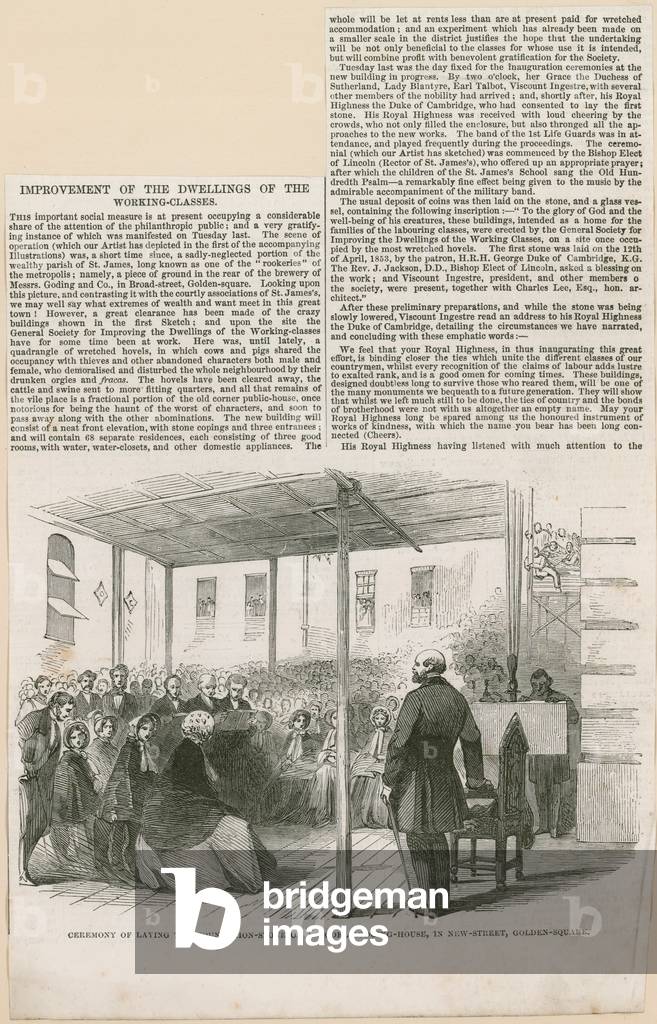 Laying the Foundation Stone of a Model Lodging House in New Street, Golden Square (engraving)