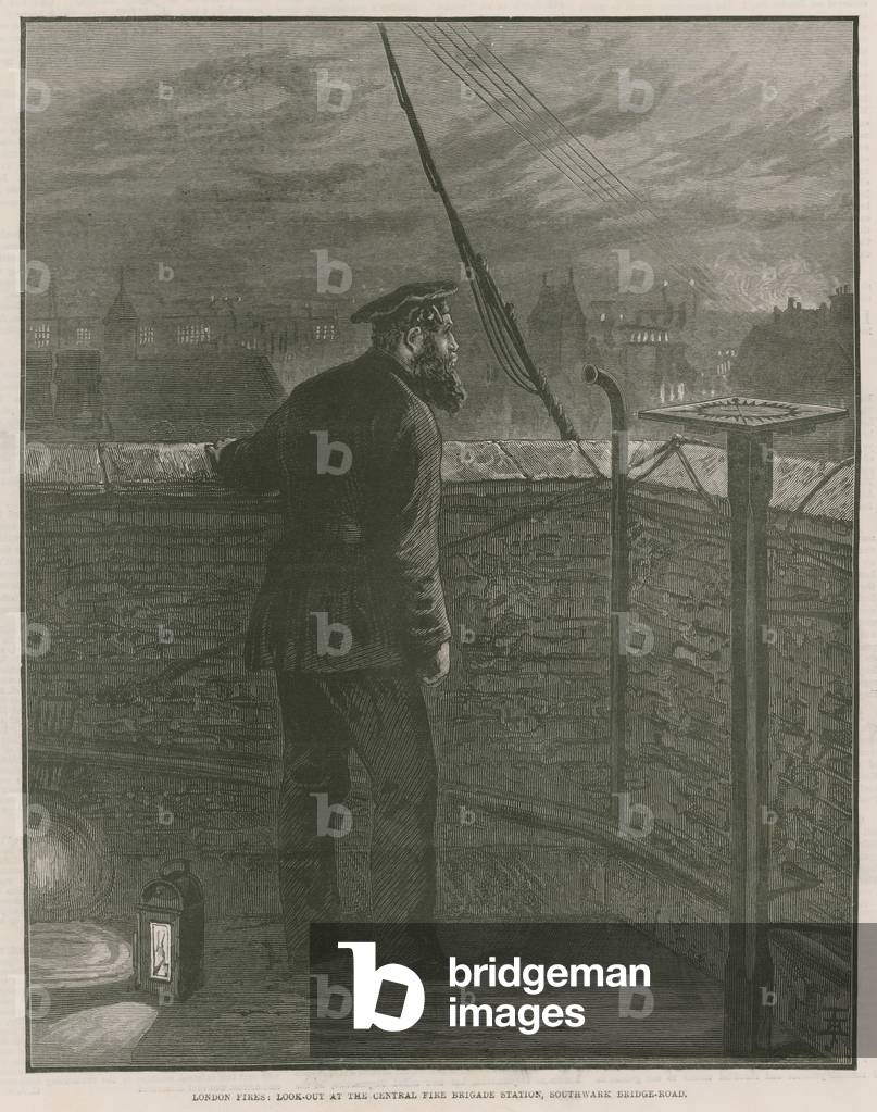London fires; Lookout at the Central Fire Brigade Station, Southwark Bridge Road (engraving)