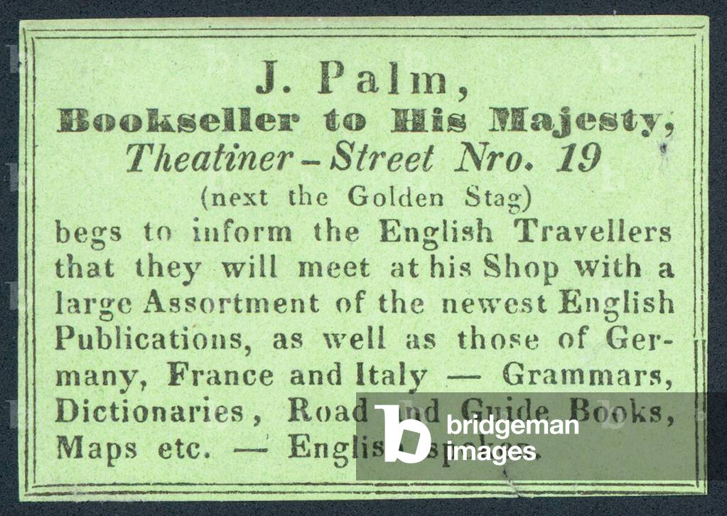 J Palm, Bookseller to His Majesty, trade card (coloured engraving)