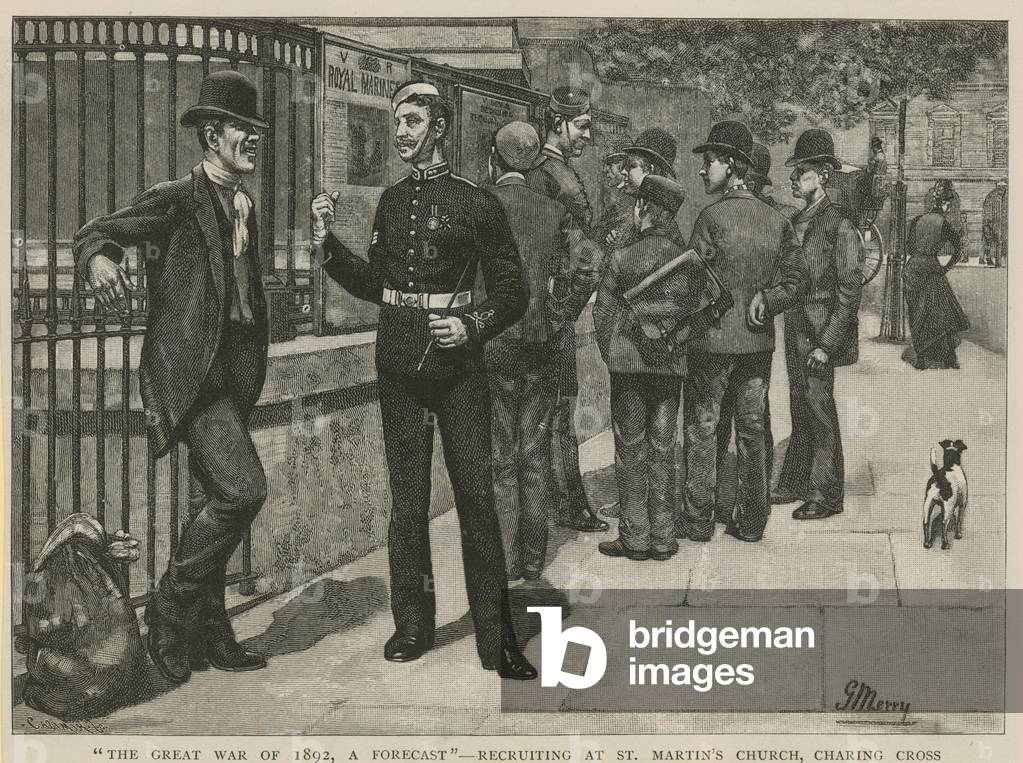 The great war of 1892, a forecast; Recruiting at St Martin's Church (engraving)