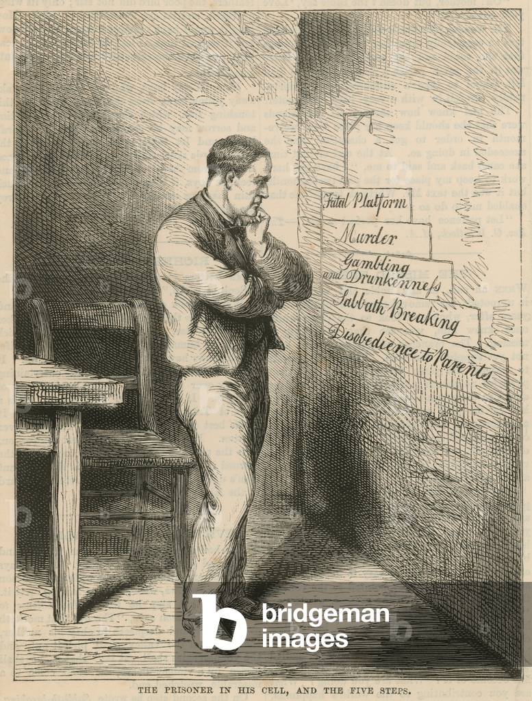 The prisoner in his cell and the five steps (engraving)