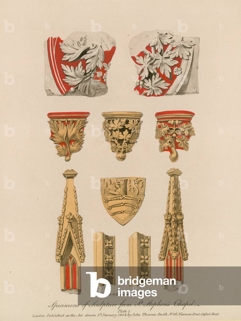 Specimens of sculpture from St Stephen's Chapel (coloured engraving)