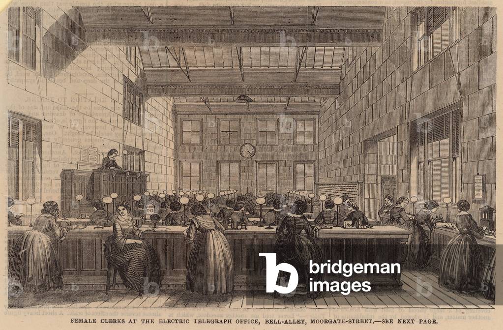 Female clerks at the Electric Telegraph office, Bell Alley, Moorgate Street (engraving)