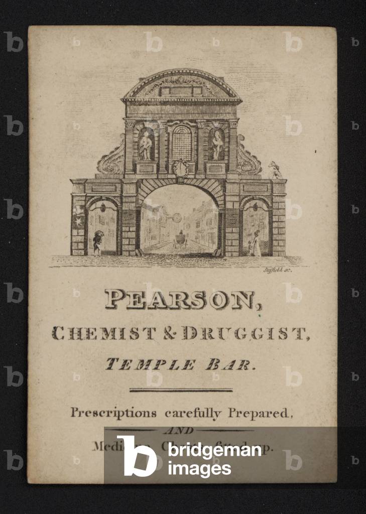 Trade card for Pearson, chemist and druggist, Temple Bar, London (engraving)