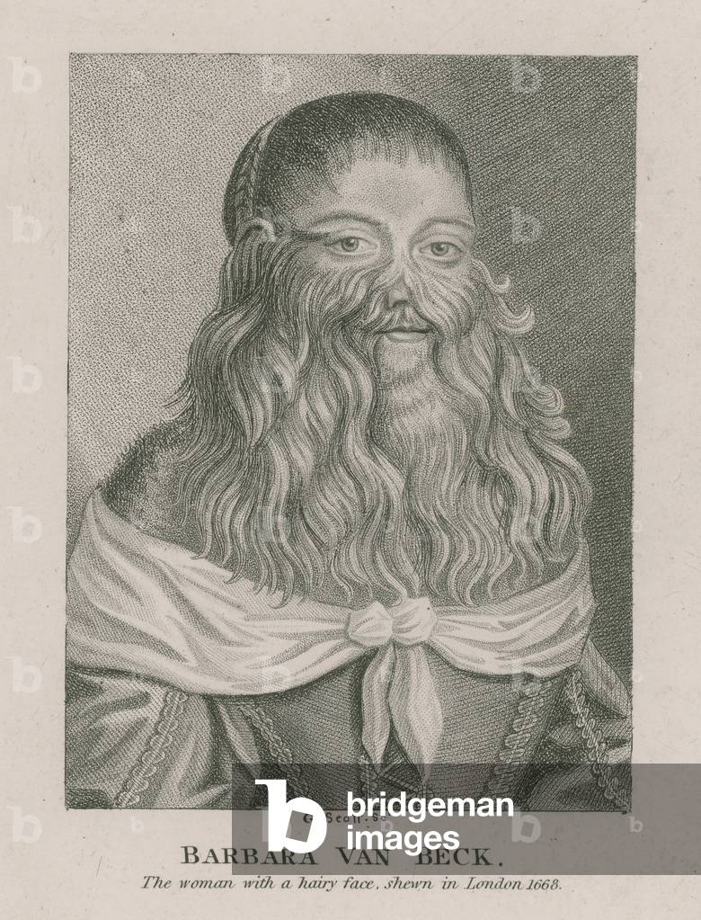 Barbara Van Beck, the woman with a hairy face, shown in London, 1668 (engraving)