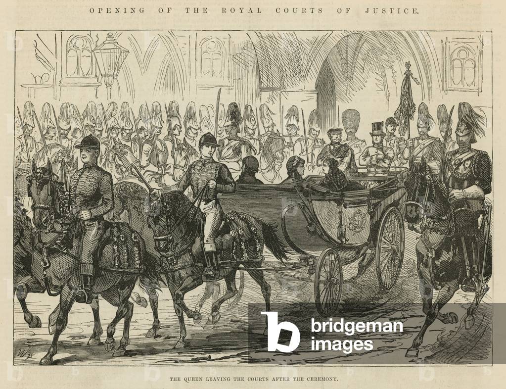 The Royal Courts of Justice: The Queen leaving the Courts after the ceremony (engraving)