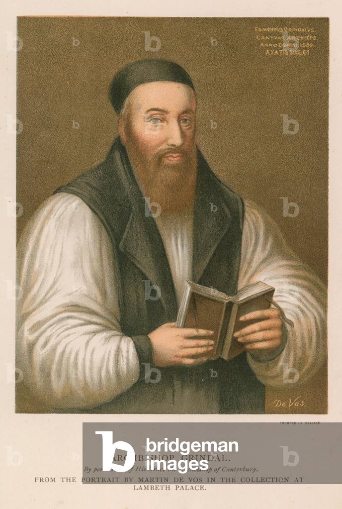Portrait of Edmind Grindal (coloured engraving)